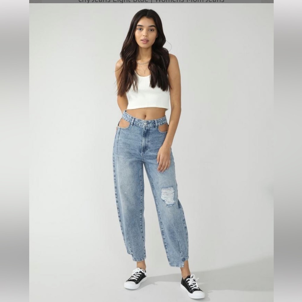PIMKIE High Waisted Slouchy Cut Out Mom Jeans in Light Blue Size S - Picture 5 of 16